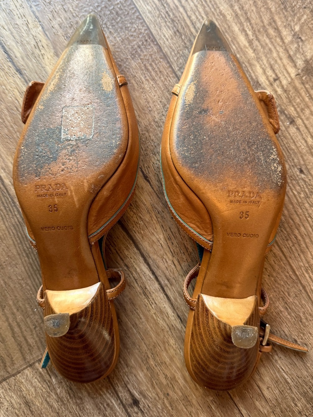 Prada Brown Leather Slingback Pumps Silver Buckle Pointed Toe Heels EU 35 US 5 - Picture 5 of 5